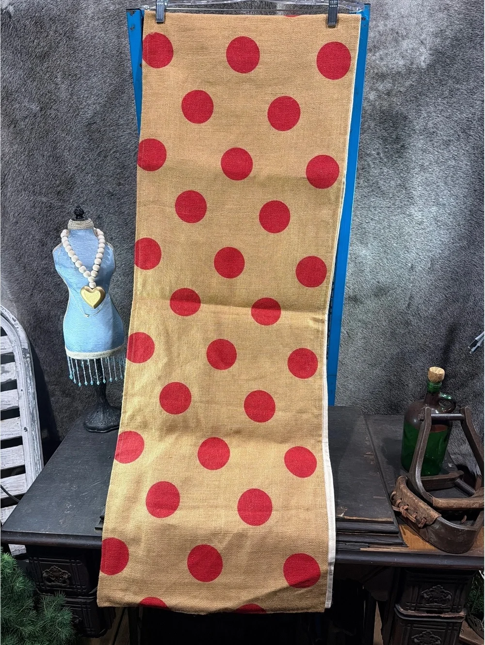 Polka Dot Burlap Table Runner with Red Dots